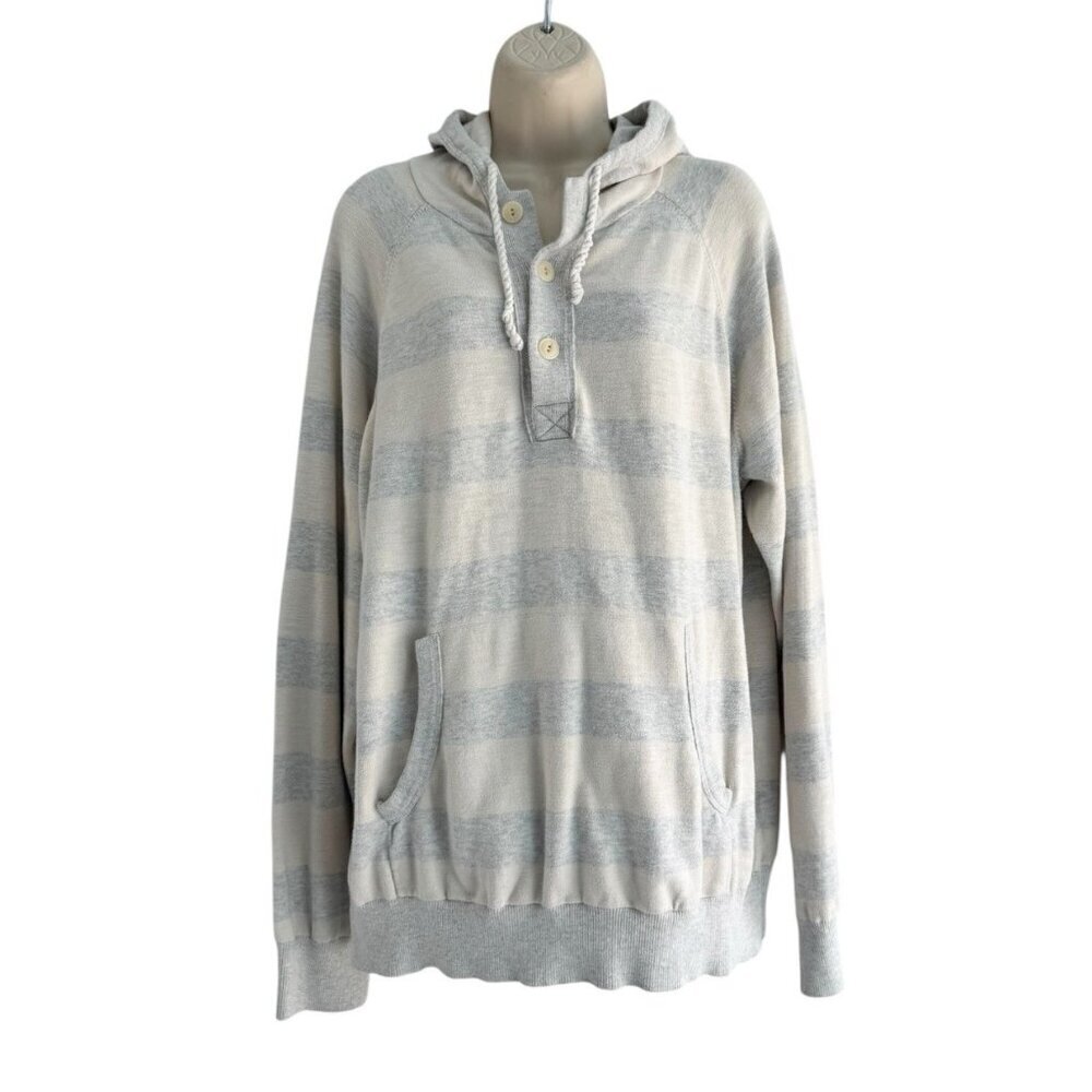 J. CREW Woman's Sz XL Cream Gray Wide Striped Button Front Drawstring Hoodie